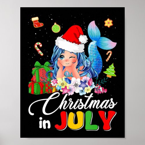 Christmas In July Cute Anime Mermaid Santa Hat Sum Poster