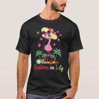 Christmas In July Cute Flamingo On Beach Summer Va T-Shirt