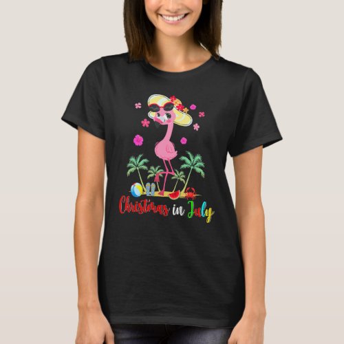 Christmas In July Cute Flamingo On Beach Summer Va T_Shirt