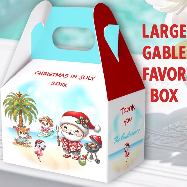 Christmas In July Cute Santa Summer Large Gable Favor Boxes (Beach Santa Large Gable Favor Boxes- You can choose from 3 sizes of these gable favor boxes)