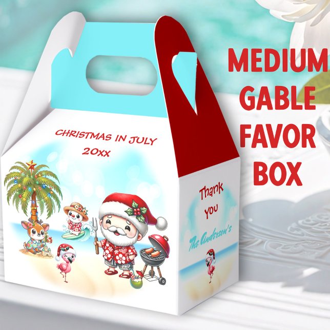 Christmas In July Cute Santa Summer Medium Gable Favor Boxes (Beach Santa Medium Gable Favor Boxes- You can choose from 3 sizes of these gable favor boxes)