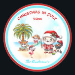 Christmas In July Cute Santa Tropical Summer  Classic Round Sticker<br><div class="desc">Christmas in July or Aussie Christmas Round Sticker with a cute Santa Claus and his buddies on the beach. Personalize the text or leave it blank. - Kate Eden Art</div>