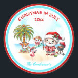 Christmas In July Cute Santa Tropical Summer  Classic Round Sticker<br><div class="desc">Christmas in July or Aussie Christmas Round Sticker with a cute Santa Claus and his buddies on the beach. Personalize the text or leave it blank. - Kate Eden Art</div>