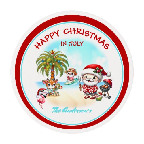 Christmas In July Cute Santa Tropical Summer  Edible Frosting Rounds