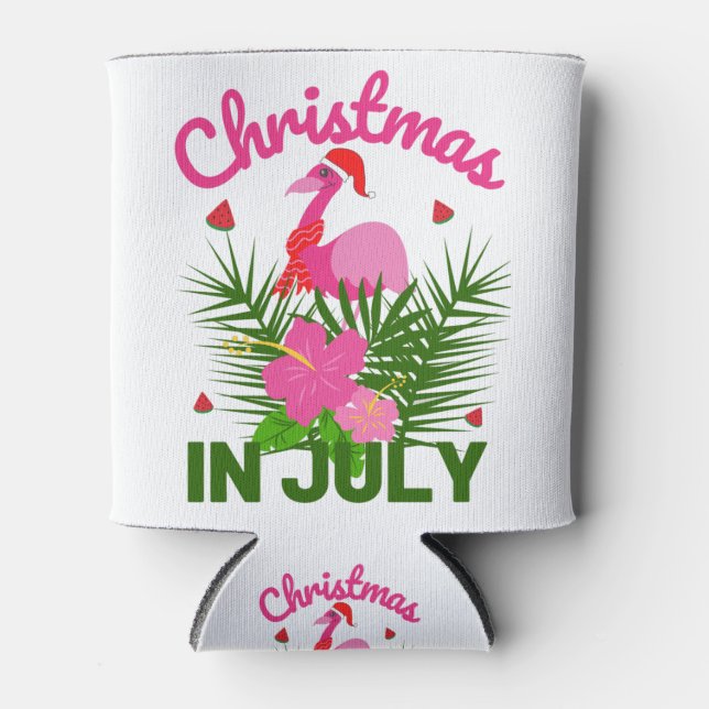 Christmas in july cute summer flamingo can cooler (Front)