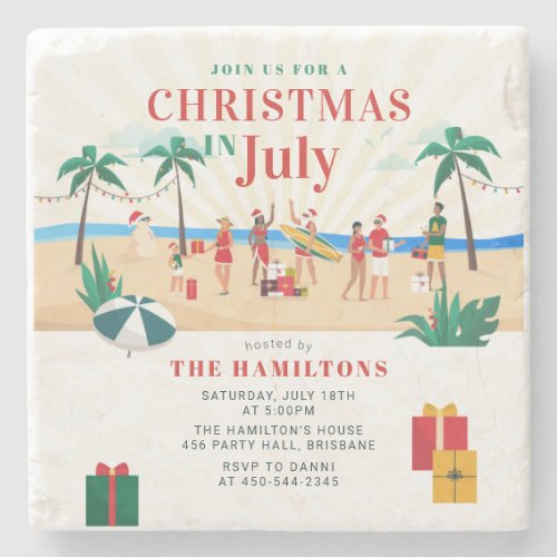 Christmas in July Cute Summer Party Invitation  Stone Coaster