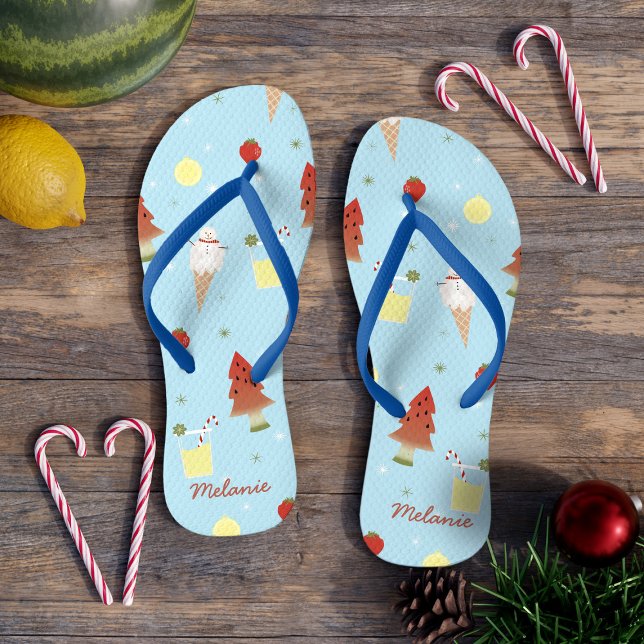 Christmas in July Cute Summer Pattern Blue Flip Flops (Ideal for your beach vacation during summer or Christmas, these can be customized with your name)