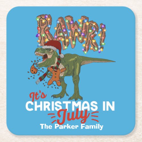Christmas in July Dinosaur Funny Personalized Square Paper Coaster