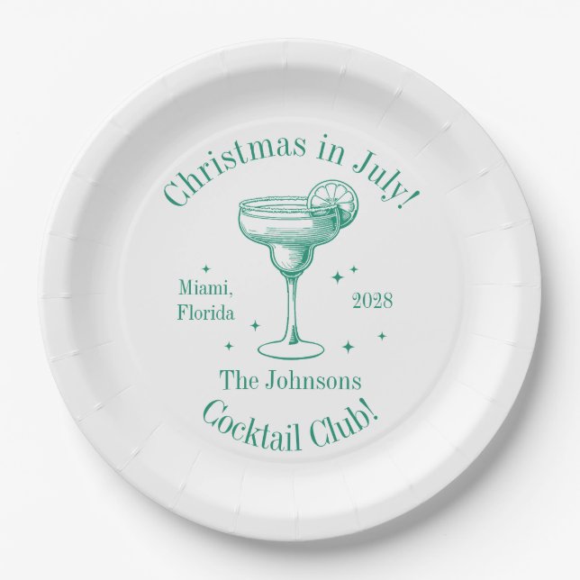 Christmas in July Family Name Cocktail Party Paper Plates (Front)