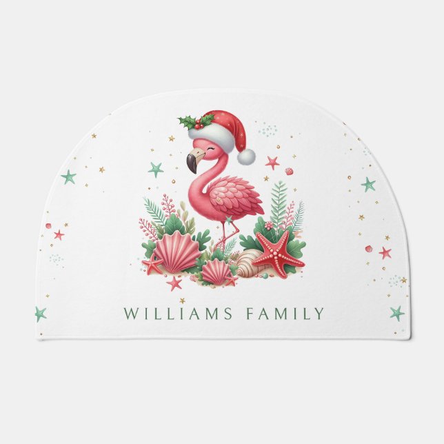 Christmas in July Flamingo Doormat (Front)