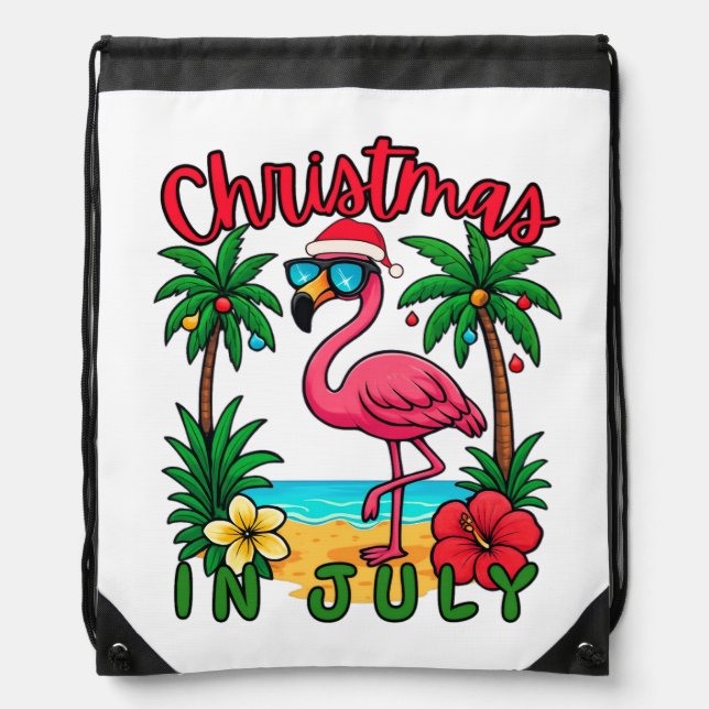Christmas in July Flamingo Drawstring Bag (Front)