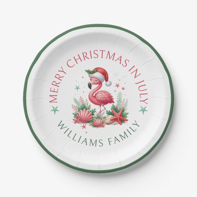 Christmas in July Flamingo Paper Plates (Front)