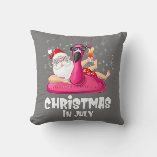 Christmas In July Flamingo Pool Float With Santa Throw Pillow