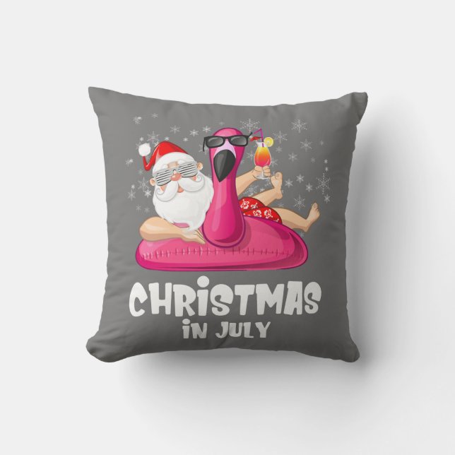Christmas In July Flamingo Pool Float With Santa Throw Pillow (Front)