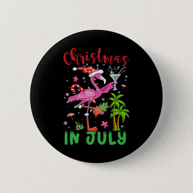 Christmas In July Flamingo Santa Summer Xmas Women Button (Front)