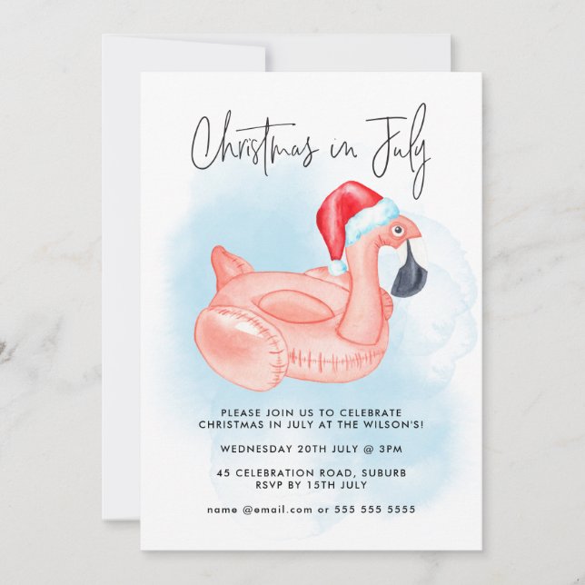 Christmas In July Flamingo Summer Pool Party Invit Invitation (Front)