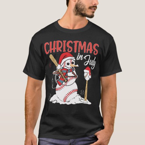 Christmas in july For Baseball Fan Snowman T_Shirt