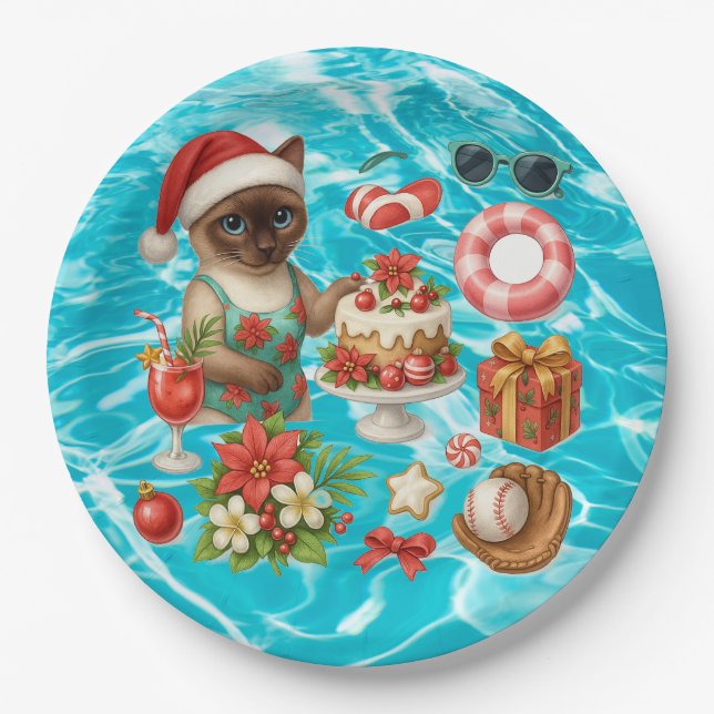 Christmas in July for Cat lovers Hawaiian themed Paper Plates (Front)