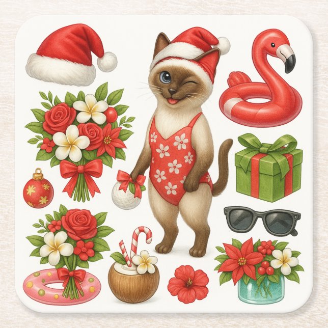 Christmas in July for Cat Lovers Pool Party Square Paper Coaster (Front)
