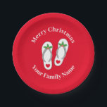 Christmas in July funny holy leaf beach sandals Paper Plates<br><div class="desc">Christmas in July funny holy leaf beach sandals Paper Plate. Add your own surname and greeting. Red or custom color. Disposable party supplies for garden party,  BBQ,  family reunion,  gathering,  dinner etc.</div>