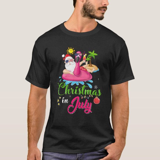 Christmas In July Funny Santa Flamingo Float Beach T-Shirt (Front)