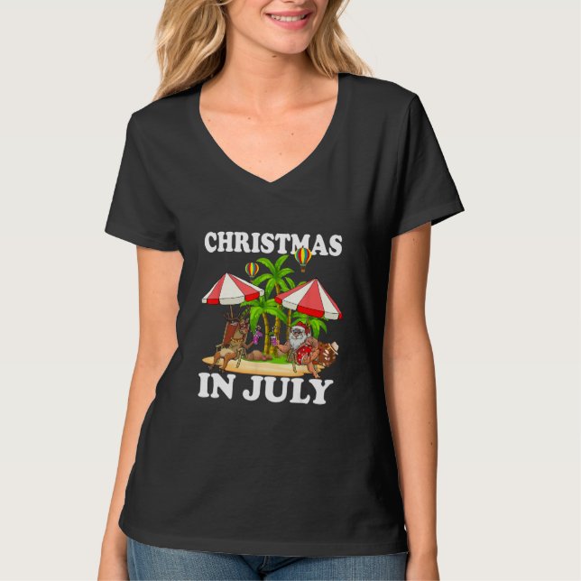 Christmas In July Funny Santa Reindeer Summer Beac T-Shirt (Front)
