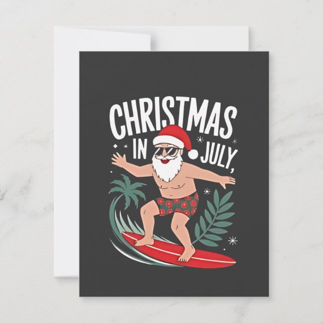 Christmas in July Funny Surfing Santa Vacation  Note Card (Front)
