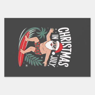Christmas in July Funny Surfing Santa Vacation Wrapping Paper Sheets