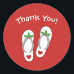 Christmas in July Holiday beach flip flop stickers<br><div class="desc">Christmas in July Holiday beach flip flop stickers. Cute round red envelope seals for xmas party. Custom accessories. Beach sandals with holly leaf and berries plus heart. Add your own seasons greeting or thank you message.</div>