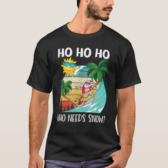 Christmas In July Humor Santa Surfing Summer Beach T-Shirt (Front)