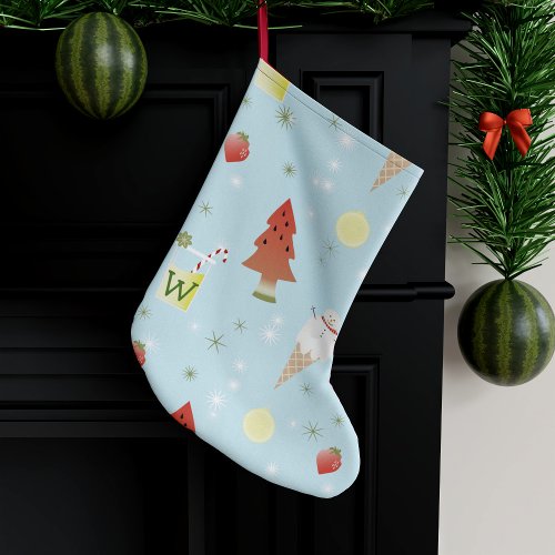 Christmas in July Monogram Funny Summer Snowflakes Small Christmas Stocking