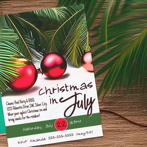 Christmas In July Palm Tree Red Ornaments Tropical Invitation
