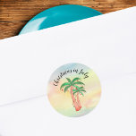 Christmas in July Palm Trees Classic Round Sticker<br><div class="desc">These stickers are decorated with a fun watercolor of palm trees decorated like Christmas Trees on a colorful background.
As we create our artwork you won't find this exact image from other designers.
Original Watercolor © Michele Davies.</div>