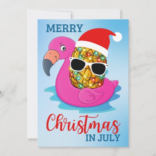 Christmas in July Pineapple Santas Hat Flamingo Ho Holiday Card