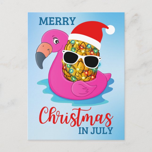 Christmas in July Pineapple Santas Hat Flamingo Ho Holiday Postcard (Front)