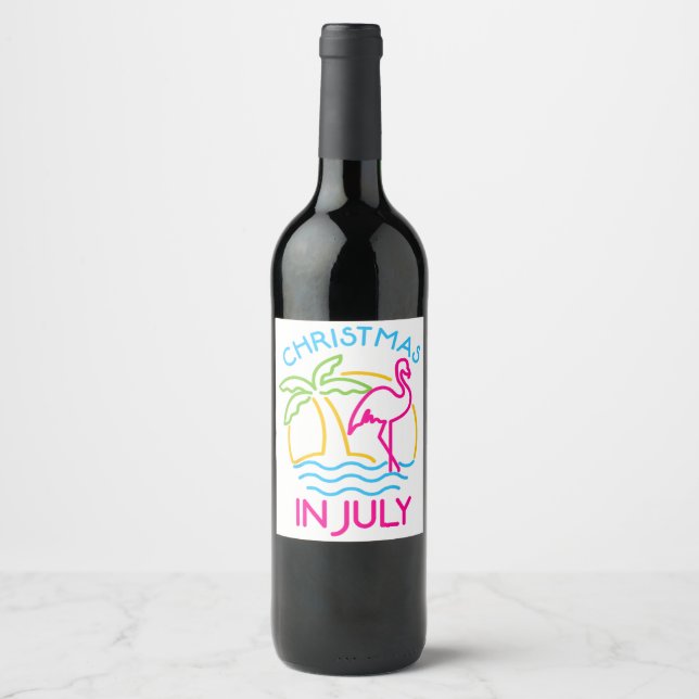 Christmas in July Pink Flamingo Funny Xmas Men Wom Wine Label (Front)