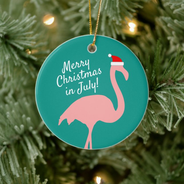 Christmas in July pink flamingo Santa Claus Ceramic Ornament (Tree)