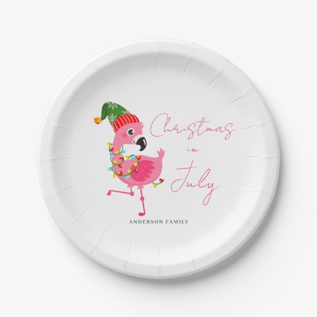 Christmas In July Pink Flamingo Tropical  Paper Plates (Front)