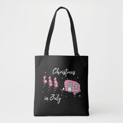 Christmas in july pink flamingo with camper tote bag