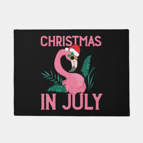 Christmas in july pink flamingo with santa hat doormat