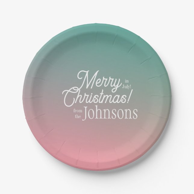 Christmas in July Pink Green Ombre Party Paper Plates (Front)