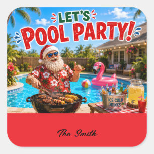 Christmas in July Pool Party with Santa Claus Square Sticker