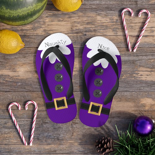 Christmas in July Purple Naughty or Nice Festive Kids Flip Flops