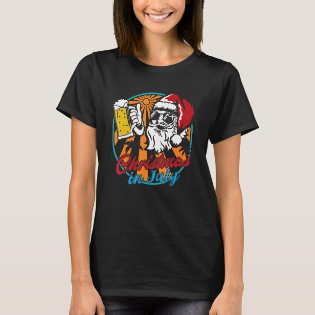 Christmas In July Santa Beer Palm Tree Beach Summe T-Shirt (Front)