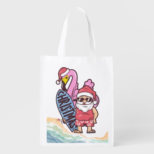 Christmas In July Santa Claus and Flamingo  Grocery Bag