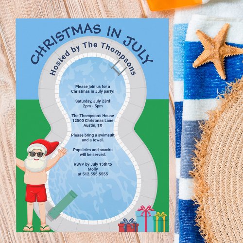 Christmas in July Santa Claus Summer Pool Party Invitation
