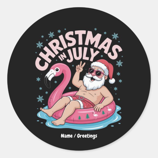 Christmas in July Santa Flamingo Funny Summer Xmas Classic Round Sticker (Front)