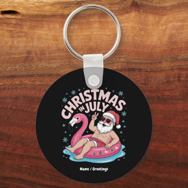 Christmas in July Santa Flamingo Funny Summer Xmas Keychain (Front)