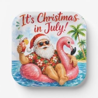 Christmas In July Santa Flamingo Hawaiin Fun Paper Plates