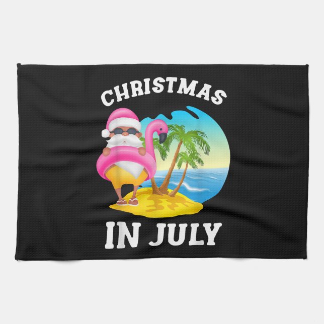 Christmas In July Santa Flamingo Pool Summer Kitchen Towel (Horizontal)